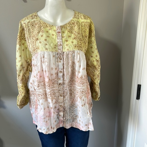 Pilcro and the Letterpress Tavi Blouse Button Down Yellow Pink Anthropologie L - Picture 4 of 13